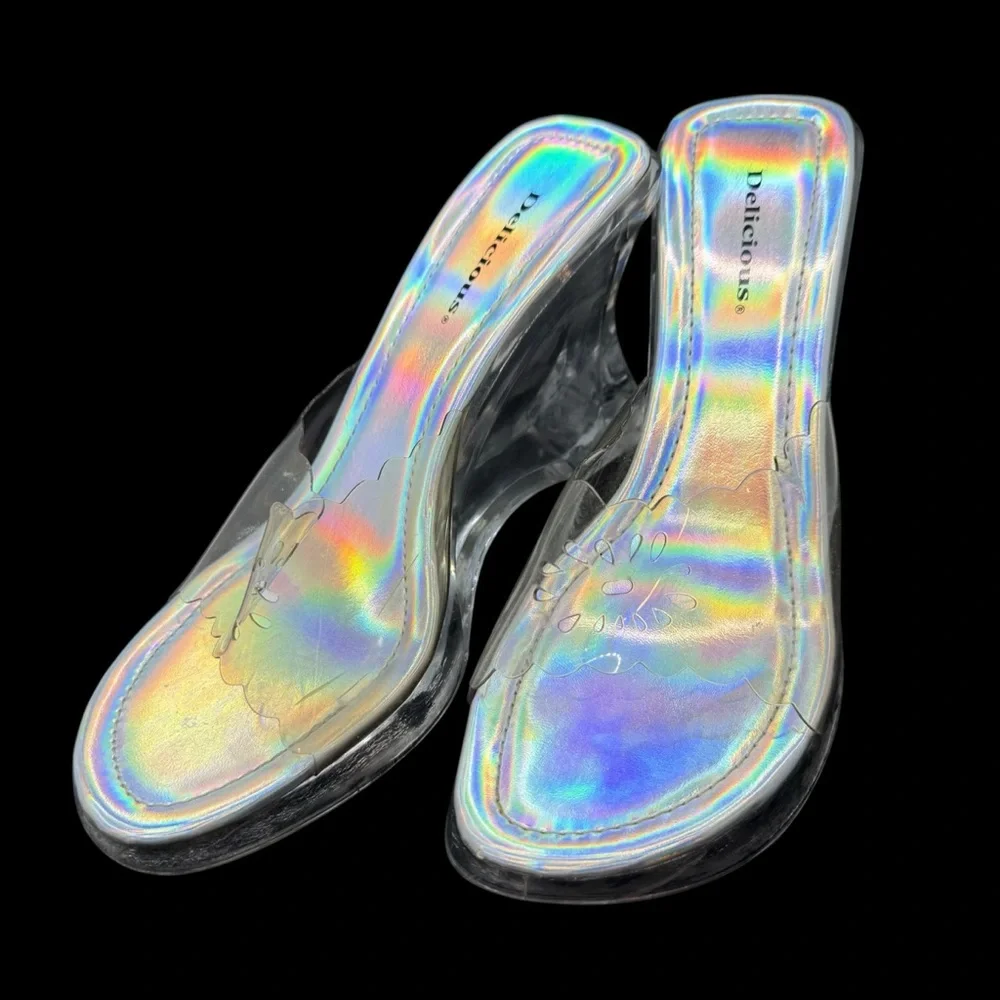 Sz 8.5 90s/Y2K Clear Chunky Acrylic 4” Block Heels Holographic Open Toe Vintage - Picture 2 of 13